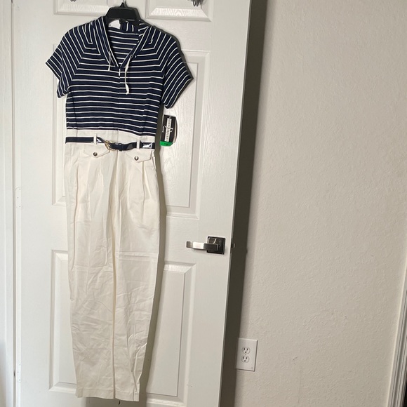 John Roberts Pants - NWT John Roberts Sailor Striped Short Sleeve Hooded Belted Jumpsuit Vintage